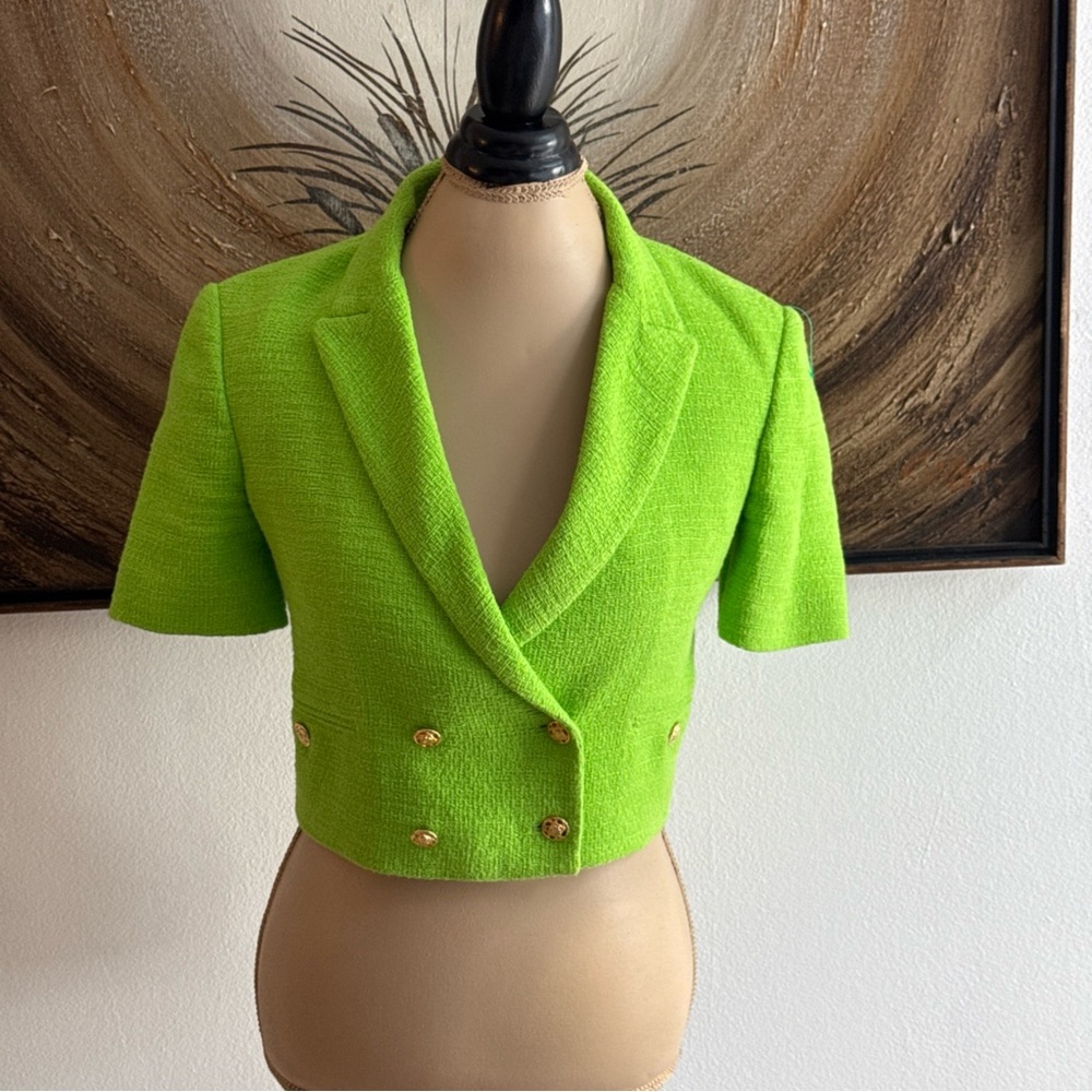 Zara Neon Green Short Blazer with Gold Buttons